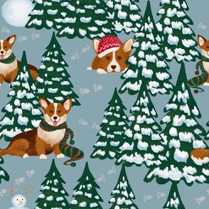 Corgis in the Winter Snow Forest - Gray Large