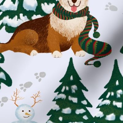 Corgis in the Winter Snow Forest - White  Large
