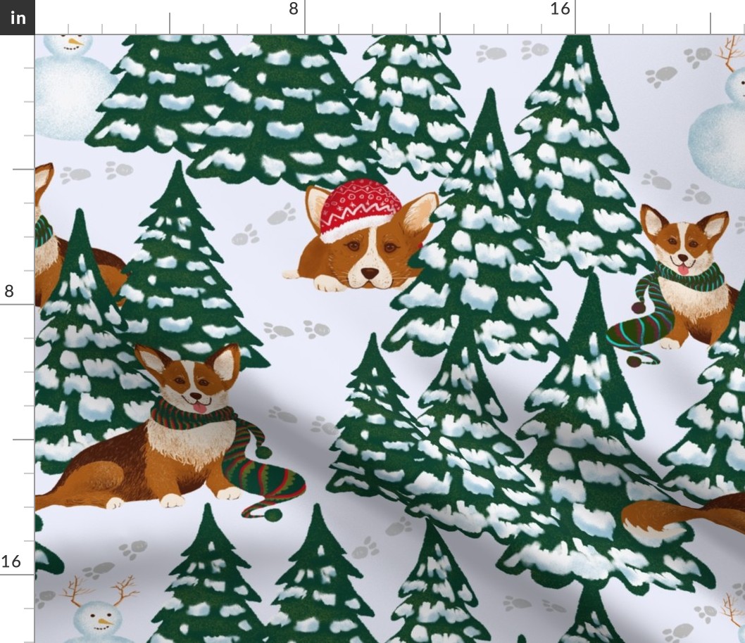 Corgis in the Winter Snow Forest - White  Large