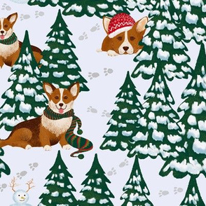 Corgis in the Winter Snow Forest - White Small