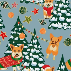 18" Corgis decorate the Christmas tree - Large Blue