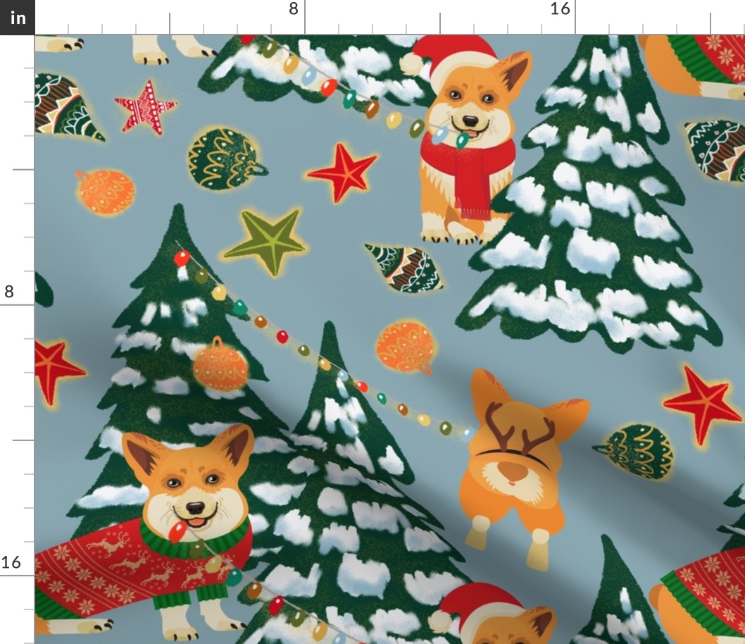 18" Corgis decorate the Christmas tree - Large Blue