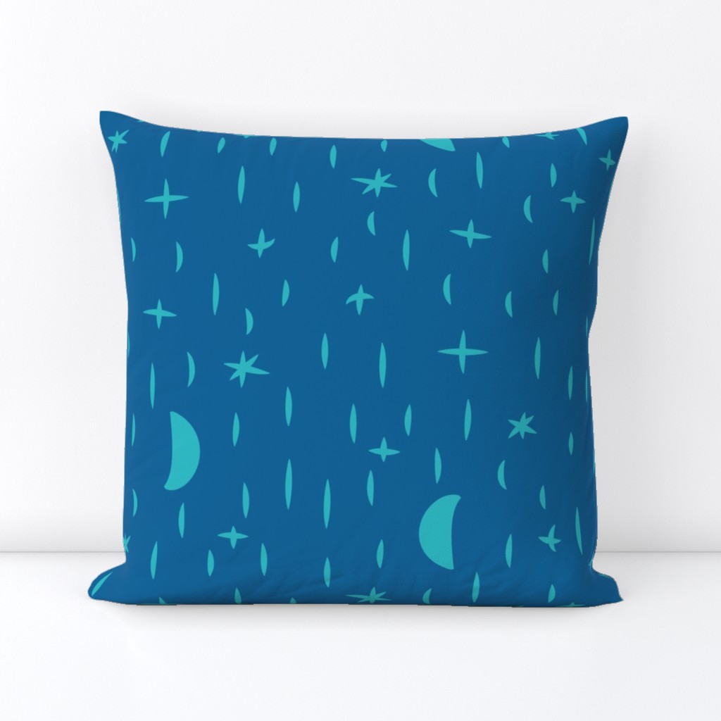 large - moon and stars in teal on blue