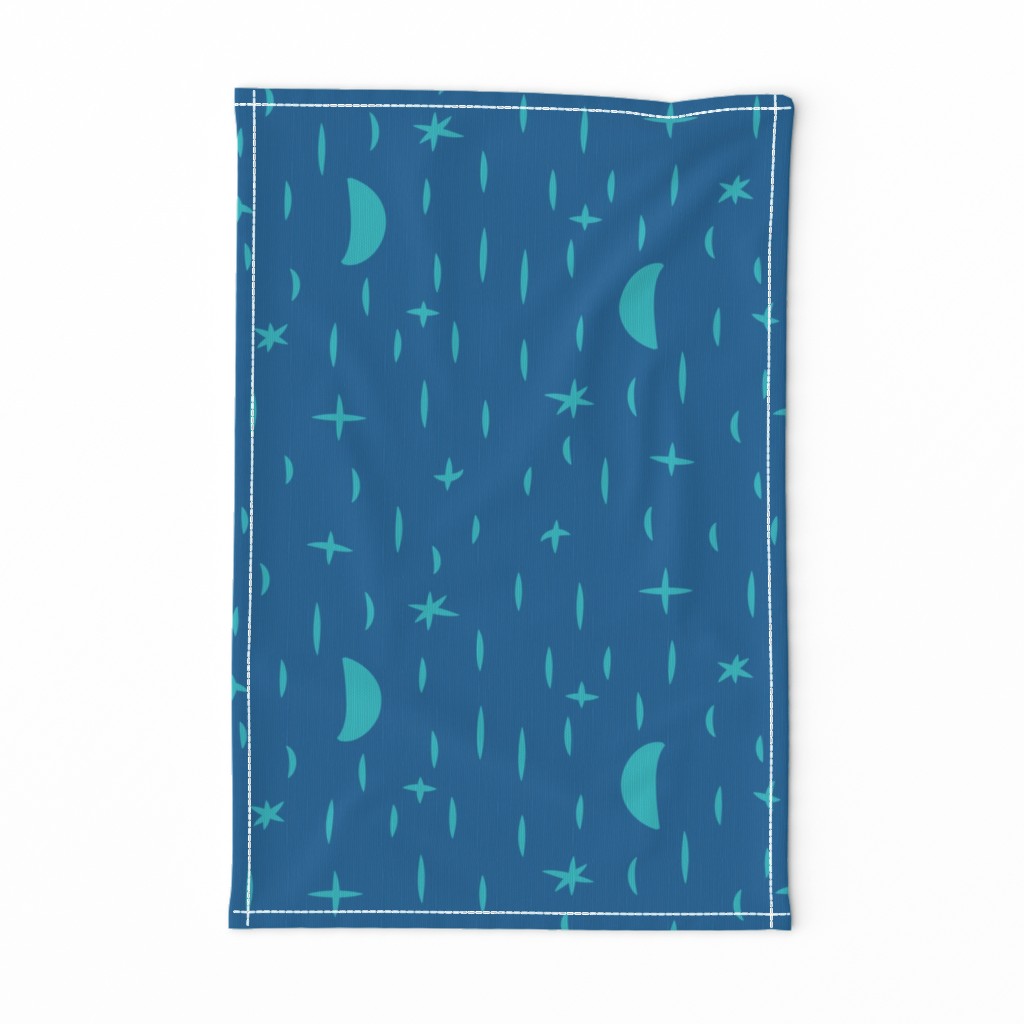 large - moon and stars in teal on blue