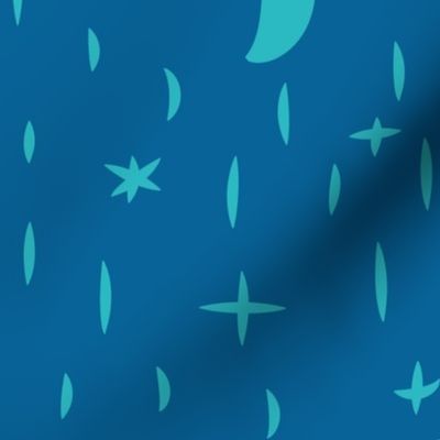 large - moon and stars in teal on blue