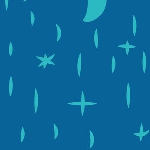 large - moon and stars in teal on blue