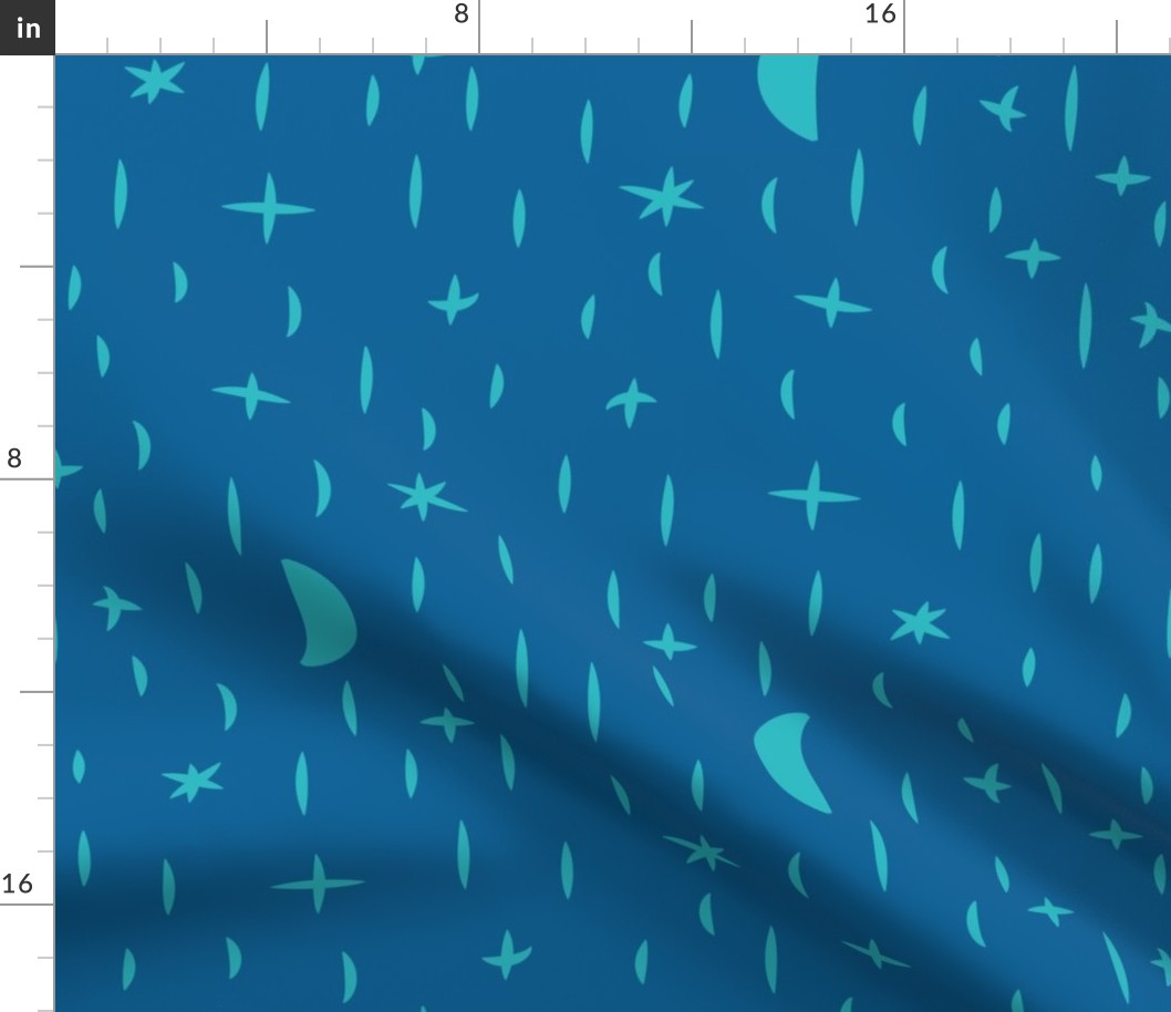 large - moon and stars in teal on blue