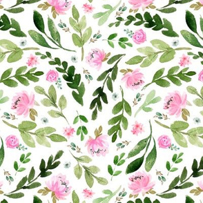 Pink Watercolor Peonies & Green Leaves