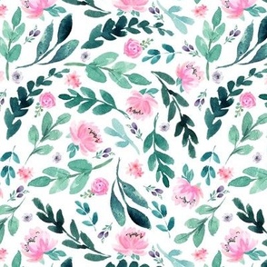 Pink Watercolor Peonies & Teal Leaves