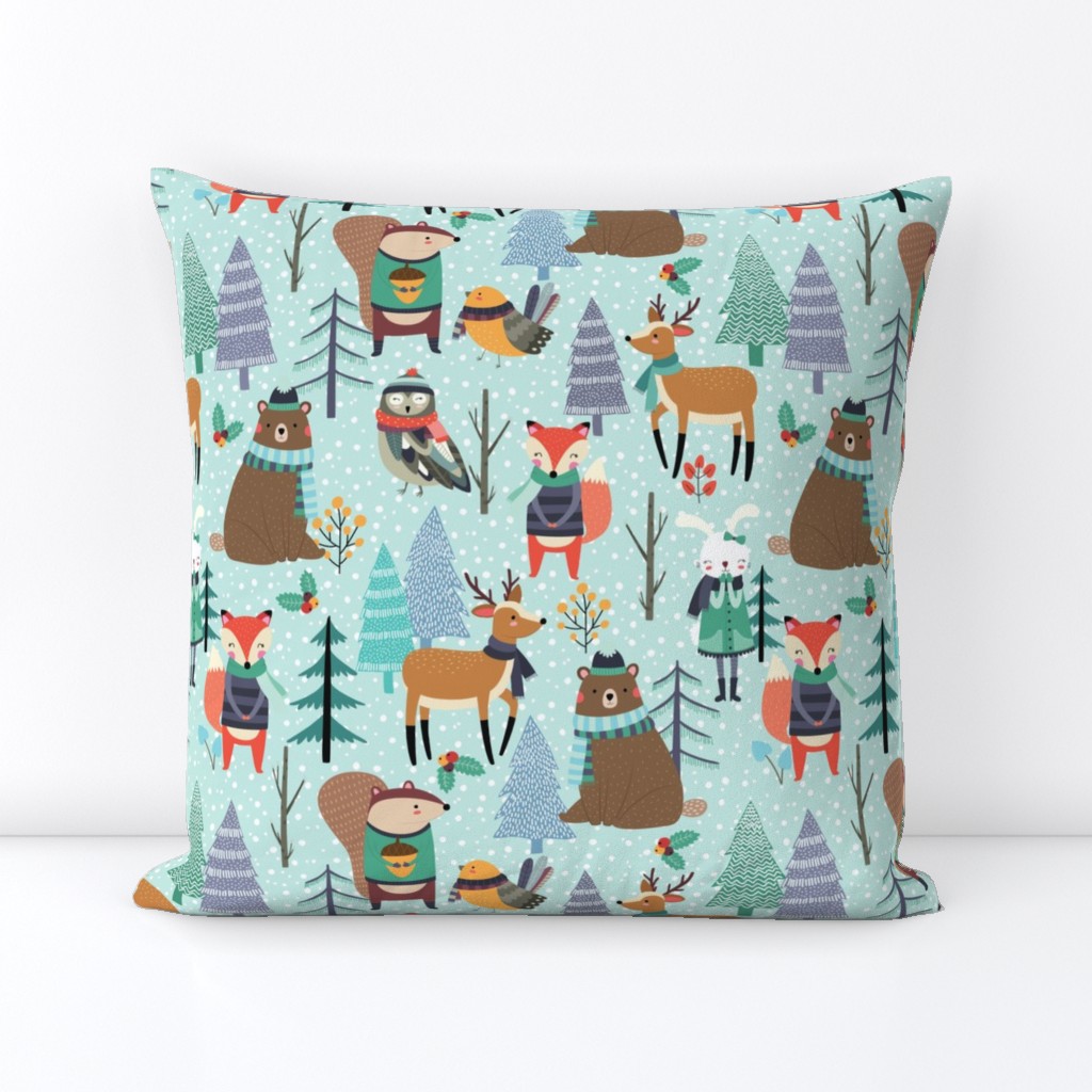 XL Winter Woodland Animals - Winter Snow Forest Animals, Bears Deer Fox Owl Kids Design (birds egg)