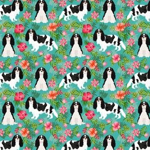SMALL - cavalier king charles spaniel dog fabric - tricolored hawaiian tropical florals - turquoise