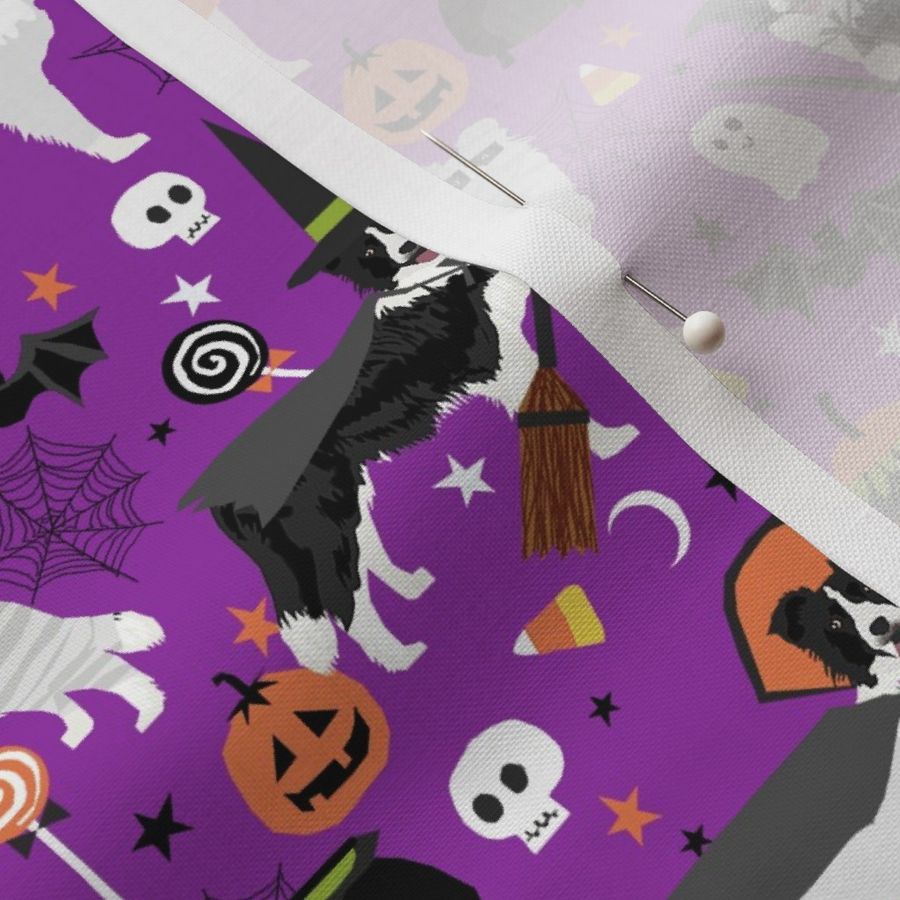 border collie halloween dog fabric - cute dog, dogs, dog breed, mummy witch, pumpkins -purple