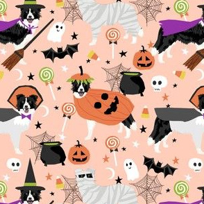 border collie halloween dog fabric - cute dog, dogs, dog breed, mummy witch, pumpkins -peach