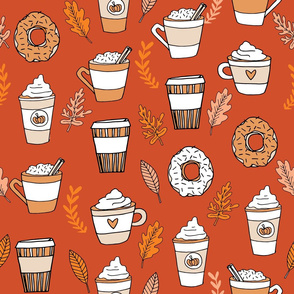 LARGE - pumpkin spice latte fabric coffee and donuts fall autumn traditions rust