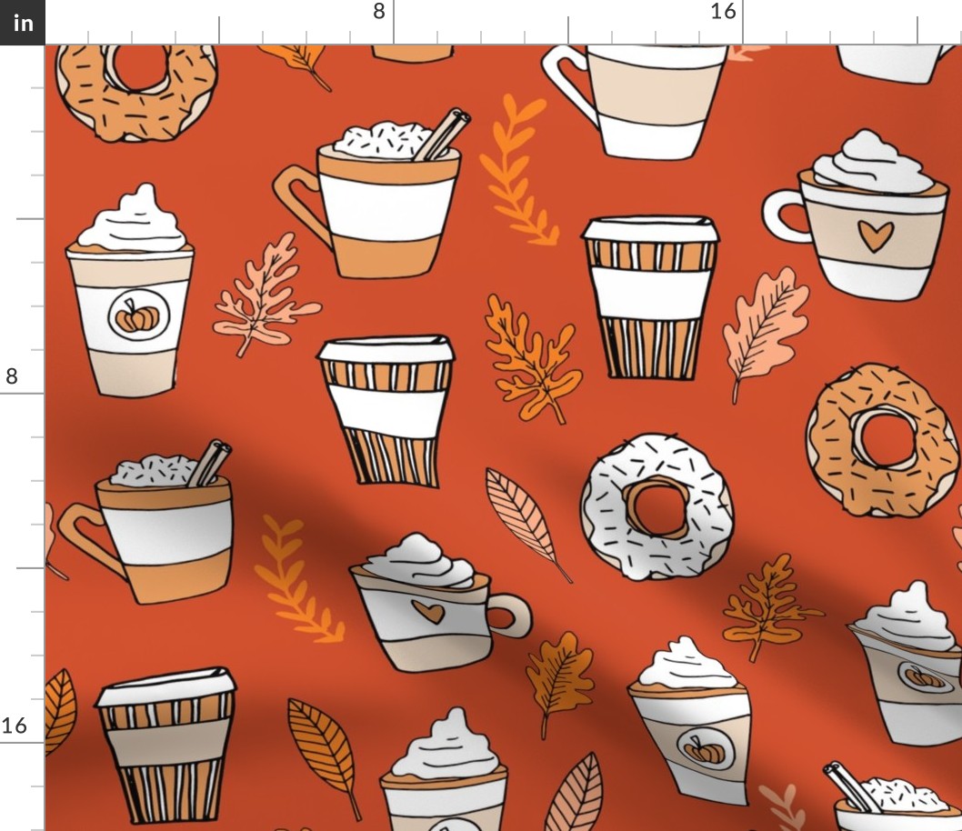 LARGE - pumpkin spice latte fabric coffee and donuts fall autumn traditions rust