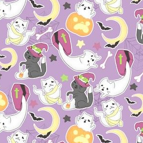 Purple Halloween Cats with Ghosts