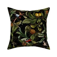 18" Vintage Bird Tropical Rainforest Midnight  Garden Jungle moody floral black