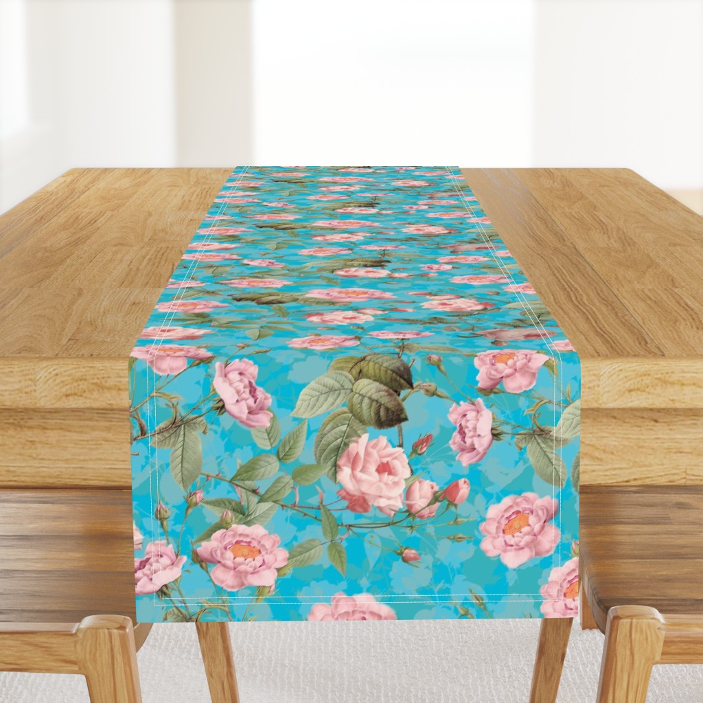 24"   Nostalgic Pierre-Joseph Redouté Pink Roses Antique Flower Bouquets,  vintage home decor,English Rose Fabric, teal