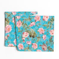 24"   Nostalgic Pierre-Joseph Redouté Pink Roses Antique Flower Bouquets,  vintage home decor,English Rose Fabric, teal