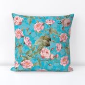 24"   Nostalgic Pierre-Joseph Redouté Pink Roses Antique Flower Bouquets,  vintage home decor,English Rose Fabric, teal