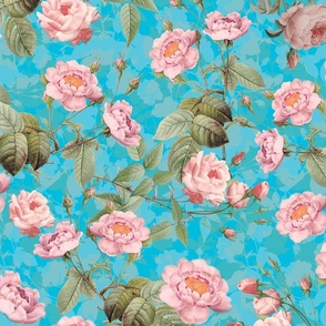 24"   Nostalgic Pierre-Joseph Redouté Pink Roses Antique Flower Bouquets,  vintage home decor,English Rose Fabric, teal