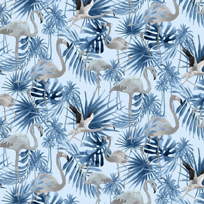 Gray Flamingos & Blue Tropical Leaves Pattern