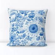 Denim Blue Monochrome Retro Floral - large print