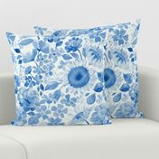 Denim Blue Monochrome Retro Floral - large print