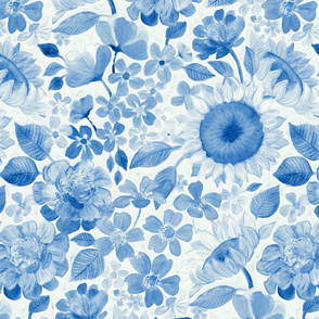 Denim Blue Monochrome Retro Floral - large print