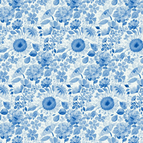 Denim Blue Monochrome Retro Floral - small print