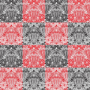 Floral Lace Red Black Squares on White