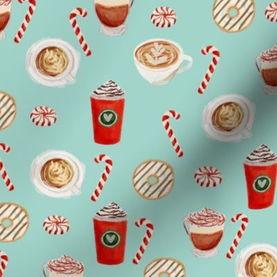 watercolor peppermint latte, coffee and donuts, christmas, xmas, holiday fabric, candy cane - mint