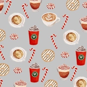watercolor peppermint latte, coffee and donuts, christmas, xmas, holiday fabric, candy cane - grey