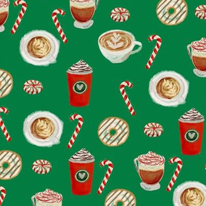 watercolor peppermint latte, coffee and donuts, christmas, xmas, holiday fabric, candy cane - green