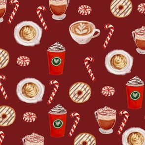 watercolor peppermint latte, coffee and donuts, christmas, xmas, holiday fabric, candy cane - burgundy