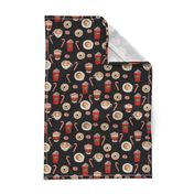 watercolor peppermint latte, coffee and donuts, christmas, xmas, holiday fabric, candy cane - black