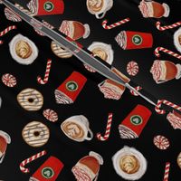 watercolor peppermint latte, coffee and donuts, christmas, xmas, holiday fabric, candy cane - black