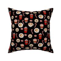 watercolor peppermint latte, coffee and donuts, christmas, xmas, holiday fabric, candy cane - black