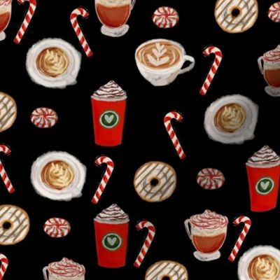 watercolor peppermint latte, coffee and donuts, christmas, xmas, holiday fabric, candy cane - black