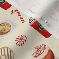 watercolor peppermint latte, coffee and donuts, christmas, xmas, holiday fabric, candy cane - crema