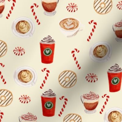 watercolor peppermint latte, coffee and donuts, christmas, xmas, holiday fabric, candy cane - crema