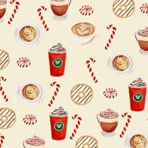 watercolor peppermint latte, coffee and donuts, christmas, xmas, holiday fabric, candy cane - crema