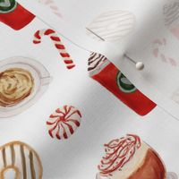 watercolor peppermint latte, coffee and donuts, christmas, xmas, holiday fabric, candy cane - white