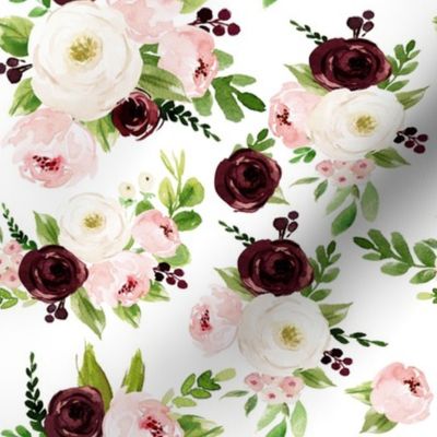 8" Rustic Burgundy Blush Florals // White - Fall Floral, Autumn, Botanical, Greenery