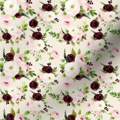 4" Rustic Burgundy Blush Florals // White Linen