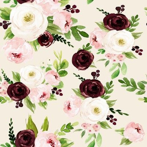 8" Rustic Burgundy Blush Florals // White Linen