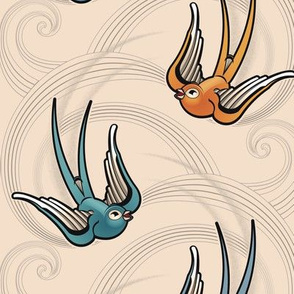 ★ SWALLOW TATTOO ★ Teal + Blue + Orange on Ecru, Large Scale / Collection : Swallows & Polka Dots – Rockabilly Prints