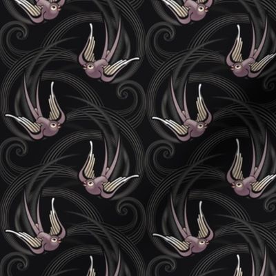★ SWALLOW TATTOO ★ Plum on Black, Small Scale / Collection : Swallows & Polka Dots – Rockabilly Prints