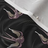 ★ SWALLOW TATTOO ★ Plum on Black, Small Scale / Collection : Swallows & Polka Dots – Rockabilly Prints