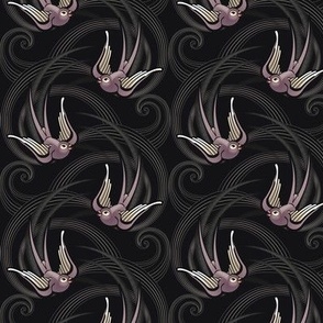 ★ SWALLOW TATTOO ★ Plum on Black, Small Scale / Collection : Swallows & Polka Dots – Rockabilly Prints